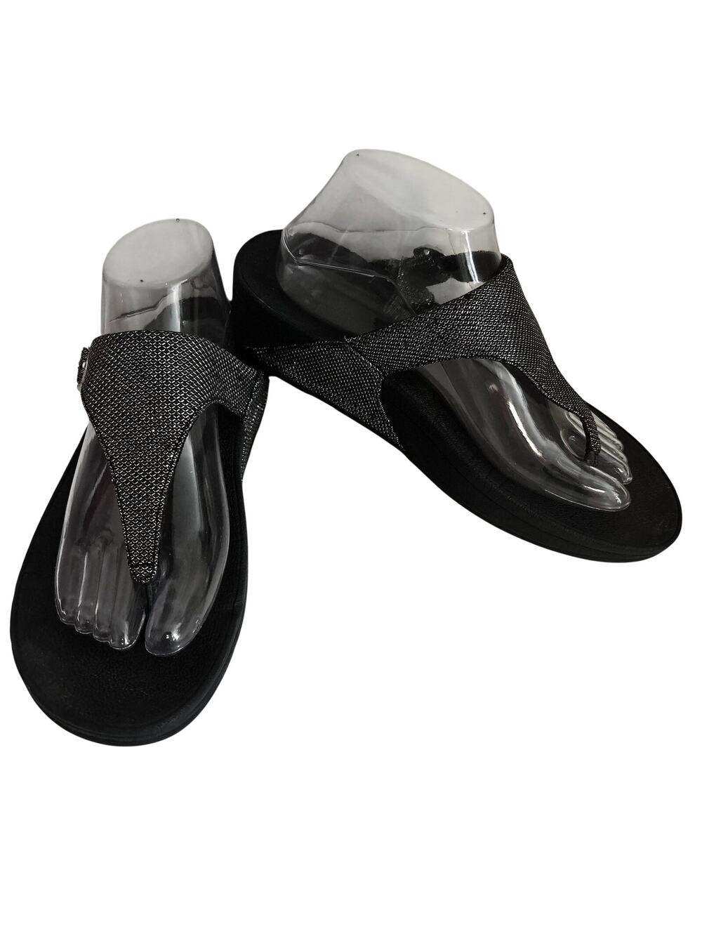 FitFlop Black Metallic Sparkle Knit Wedge Thong Sandals Comfort Slides Buckle 10